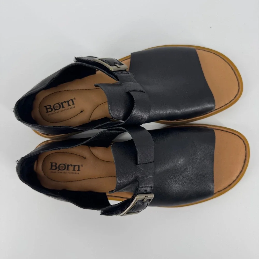 Born Ivey Black Leather Open Toe Flats Buckle Sandals 8M BR0067203